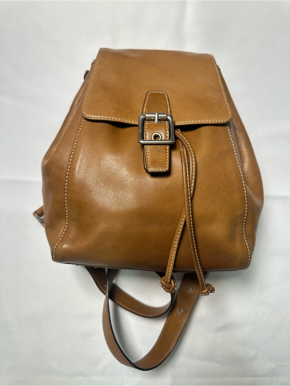 Vintage Coach British Tan Soft Leather Drawstring Backpack with Buckle Flap